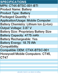 BTI CT4X-BTSC-001-BTI 3.87V 4775MAH 18.47WH Li-ION BATTERY for Mobile Computer