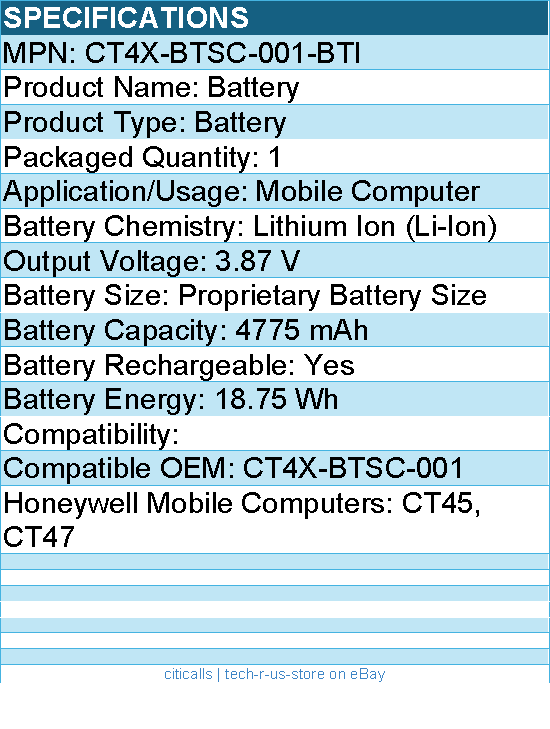 BTI CT4X-BTSC-001-BTI 3.87V 4775MAH 18.47WH Li-ION BATTERY for Mobile Computer