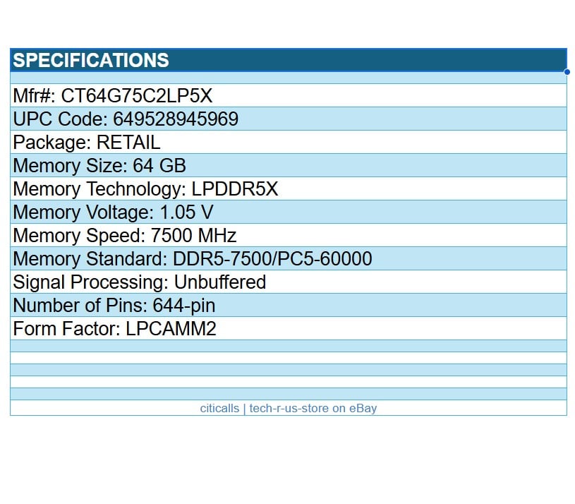 Micron Crucial CT64G75C2LP5X 64GB DDR5 DDR5-7500/PC5-60000 644-PIN LPCAMM2 RAM