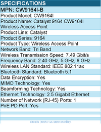 Cisco CW9164I-B Tri Band IEEE 802.11ax 7.49 Gbit/s Wireless Access Point