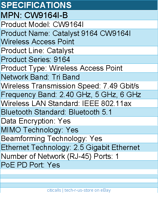 Cisco CW9164I-B Tri Band IEEE 802.11ax 7.49 Gbit/s Wireless Access Point