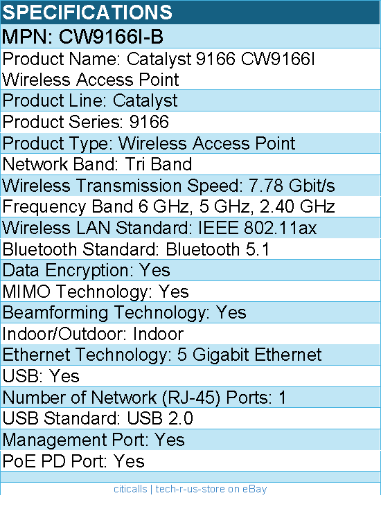 Cisco CW9166I-B Catalyst TriBand IEEE 802.11ax 7.78 Gbit/s Wireless Access Point
