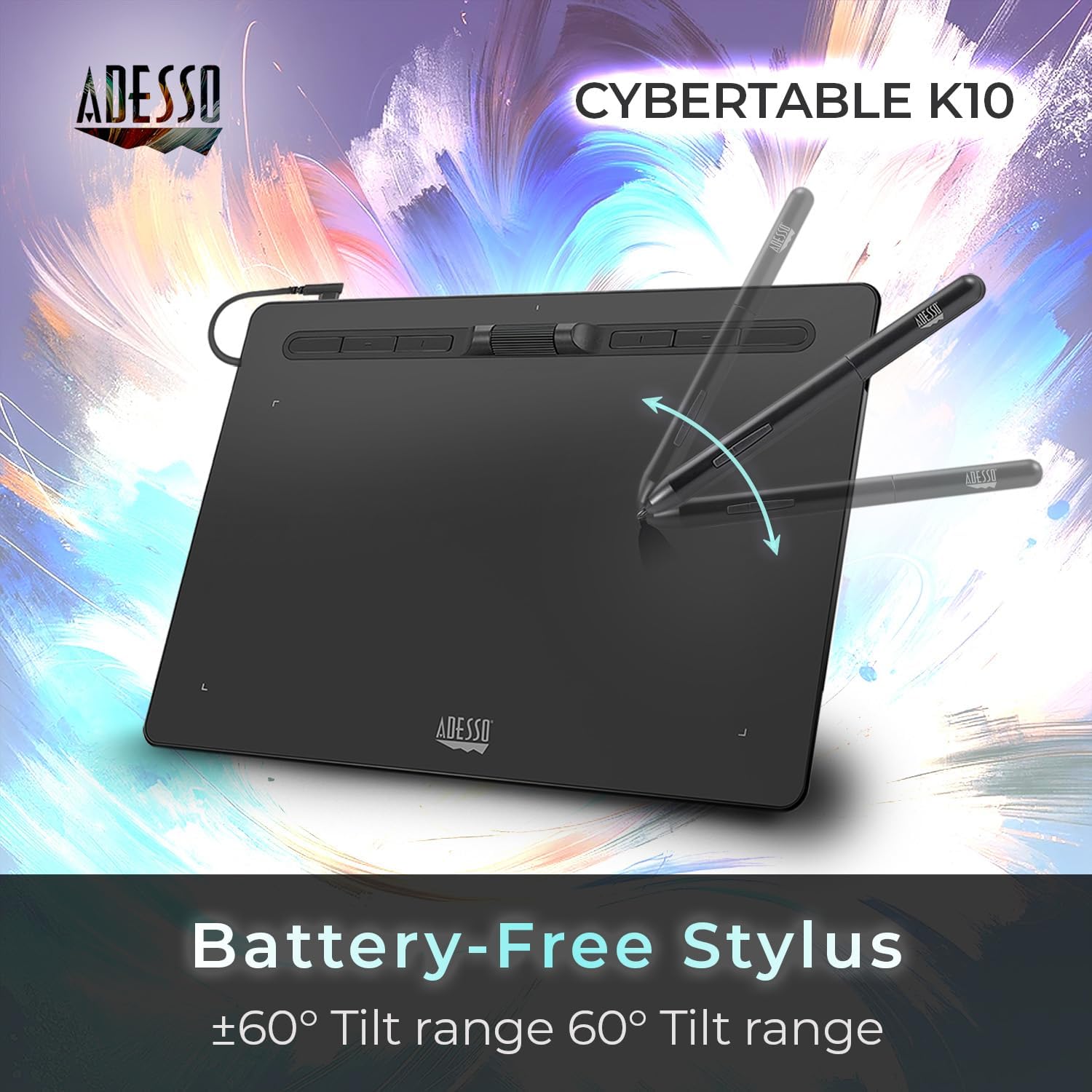 Adesso CYBERTABLET K10 10" x 6" Graphic Tablet - 5080 lpi Cable - Black