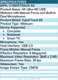 Adesso CYBERTRACK 6S Webcam - 8 Megapixel - 30 fps - USB 2.0 - TAA Compliant