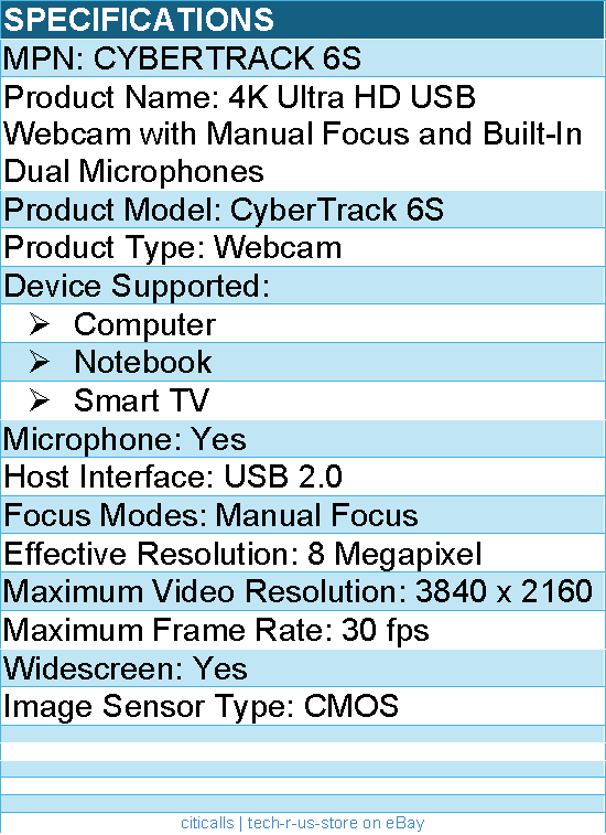 Adesso CYBERTRACK 6S Webcam - 8 Megapixel - 30 fps - USB 2.0 - TAA Compliant