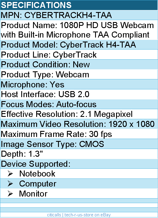Adesso CYBERTRACKH4-TAA 1080P HD USB Webcam with Built-in Microphone TAA Compli
