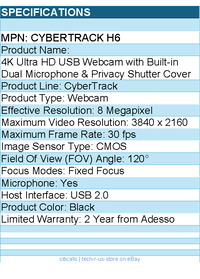 Adesso CyberTrack H6 4K Ultra HD Webcam - 8 Megapixel - 30 fps - USB 2.0