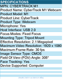 Adesso CYBERTRACK M1 Webcam - 2.1 Megapixel - 30 fps - USB 2.0 - 1920 x 1080 Vid