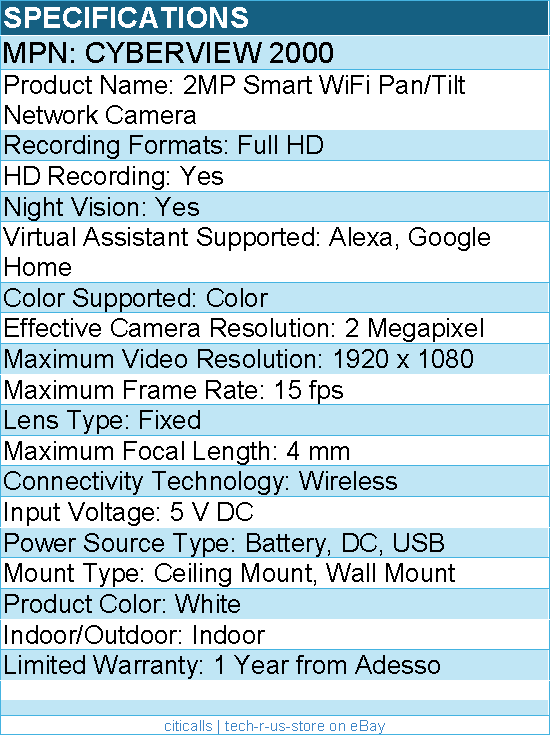 Adesso Cyberview 2000 Gyration 2 Megapixel Indoor Full HD Network Camera