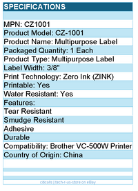 Brother CZ1001 Genuine 3/8" (0.37") 9mm wide x 16.4 ft. (5 m) long label roll