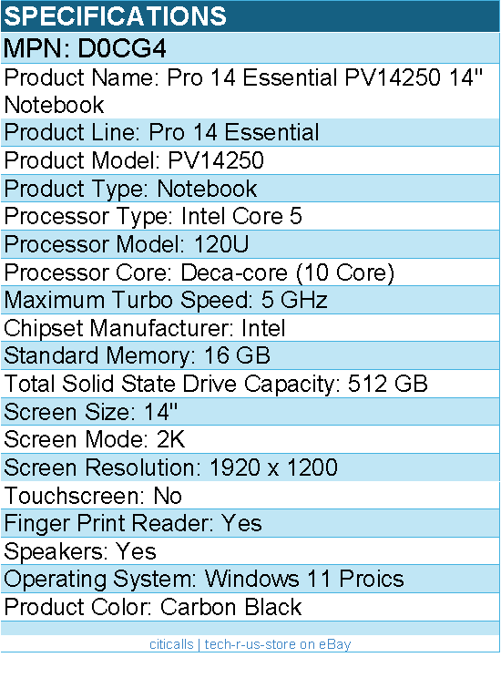 Dell D0CG4 Pro 14 Essential PV14250 14" Notebook - 2K - 60 Hz - Intel Core 5