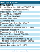 Dell D17PX Pro 14 Plus PB14250 14" Touchscreen Clamshell Notebook