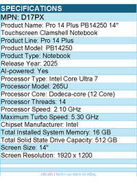 Dell D17PX Pro 14 Plus PB14250 14" Touchscreen Clamshell Notebook