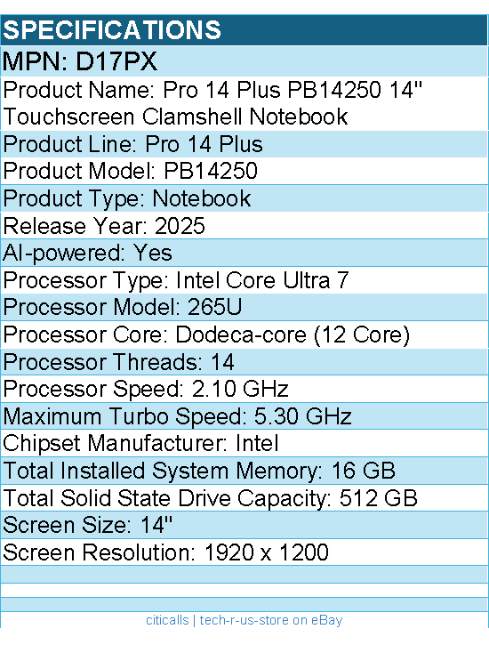 Dell D17PX Pro 14 Plus PB14250 14" Touchscreen Clamshell Notebook