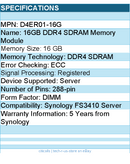 Synology D4ER01-16G Memory Module - 16GB DDR4 ECC DIMM - Registered - 288-pin