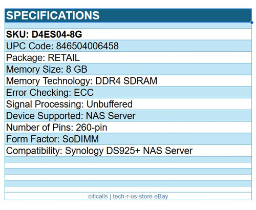 Synology D4ES03-8G 8 GB DDR4 SDRAM ECC Unbuffered 260-pin SoDIMM for DS925 NAS