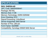 Synology D4ES04-4G 4 GB DDR4 SDRAM ECC Unbuffered 260-pin SoDIMM for DS925 NAS