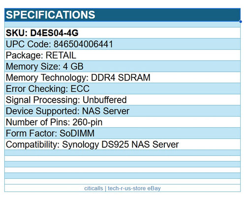 Synology D4ES04-4G 4 GB DDR4 SDRAM ECC Unbuffered 260-pin SoDIMM for DS925 NAS