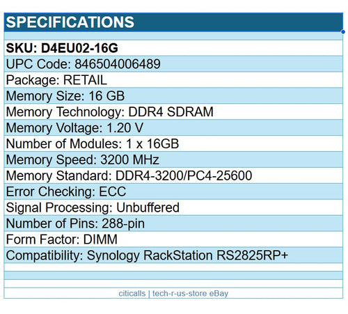 Synology D4EU02-16G 1x 16GB DDR4-3200/PC4-25600 DDR4 SDRAM ECC 288-Pin Unbuffer