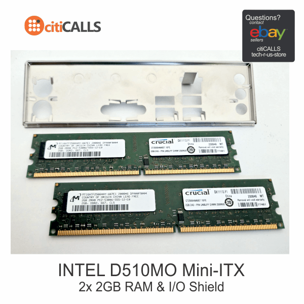 Intel D510MO ATOM CPU Mini ITX Motherboard w Crucial 2x2GB Memory IO Shield