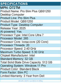 Dell D72TM Pro Slim Plus QBS1250 Desktop Computer - Intel Core Ultra 7 - Slim PC