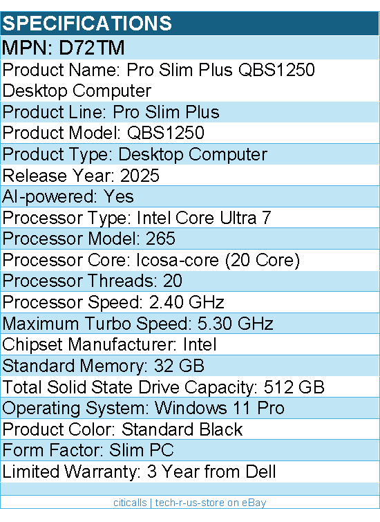 Dell D72TM Pro Slim Plus QBS1250 Desktop Computer - Intel Core Ultra 7 - Slim PC