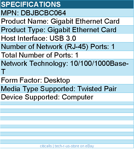 Dell DBJBCBC064 Gigabit Ethernet Card - USB 3.0 - 1 Port(s) - 1 - Twisted Pair