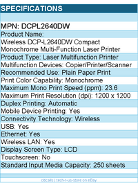 Brother DCPL2640DW Wireles  Compact Monochrome Multi-Function Laser Printer