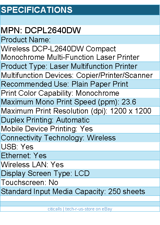 Brother DCPL2640DW Wireles  Compact Monochrome Multi-Function Laser Printer