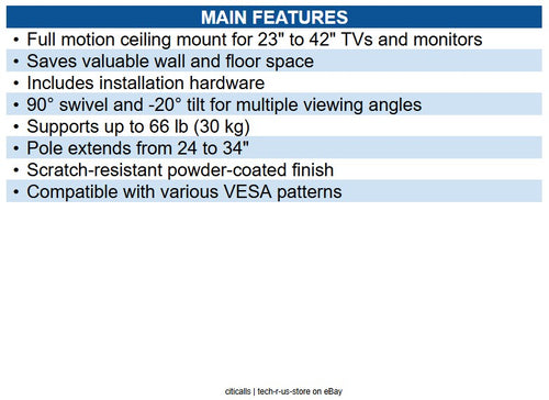 Eaton DCTM Full Motion Ceiling Mount for 23" to 42" TVs and Monitors