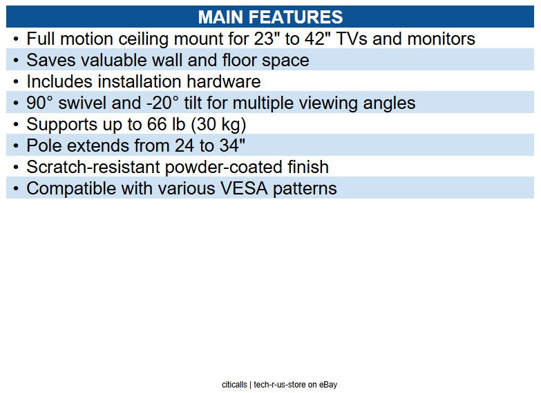 Eaton DCTM Full Motion Ceiling Mount for 23" to 42" TVs and Monitors