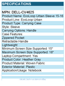 Dell DELL-CV4625 EcoLoop Urban Carrying Case (Sleeve) for 15" to 16" Notebook