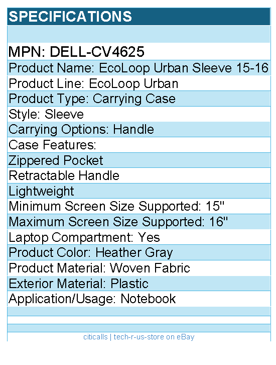 Dell DELL-CV4625 EcoLoop Urban Carrying Case (Sleeve) for 15" to 16" Notebook