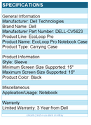 Dell DELL-CV5623 EcoLoop Pro Carrying Case (Sleeve) for 15" to 16" Notebook
