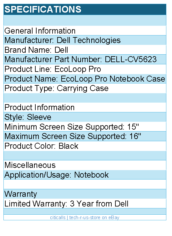 Dell DELL-CV5623 EcoLoop Pro Carrying Case (Sleeve) for 15" to 16" Notebook