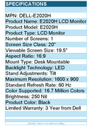 Dell DELL-E2020H E2020H 20" Class LCD Monitor - 16:9 - 1600 x 900 - Black
