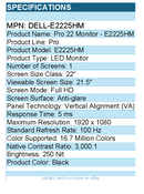 Dell DELL-E2225HM Pro E2225HM 22" Class Full HD LED Monitor - 16:9 - Black