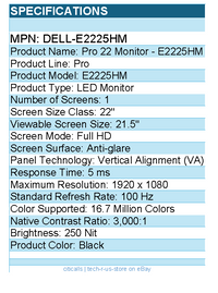 Dell DELL-E2225HM Pro E2225HM 22" Class Full HD LED Monitor - 16:9 - Black
