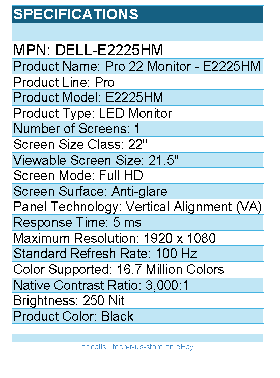Dell DELL-E2225HM Pro E2225HM 22" Class Full HD LED Monitor - 16:9 - Black