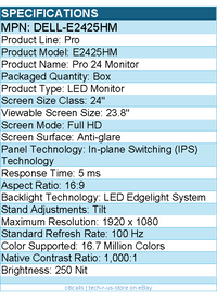 Dell DELL-E2425HM Pro E2425HM 24" Class Full HD LED Monitor - 16:9 - Black