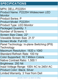 Dell DELL-P2225H P2225H 22" Class Full HD LED Monitor - 16:9 - Black, Silver