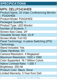 Dell DELLP2424HEB 24" Class Webcam Full HD LED Monitor - 16:9 - Black, Silver