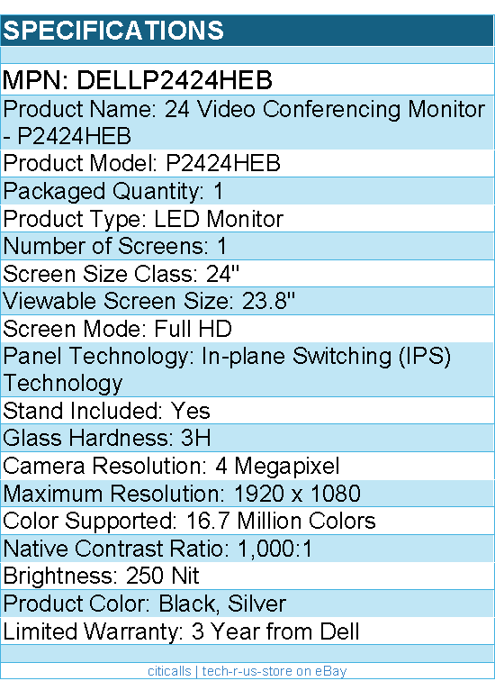 Dell DELLP2424HEB 24" Class Webcam Full HD LED Monitor - 16:9 - Black, Silver
