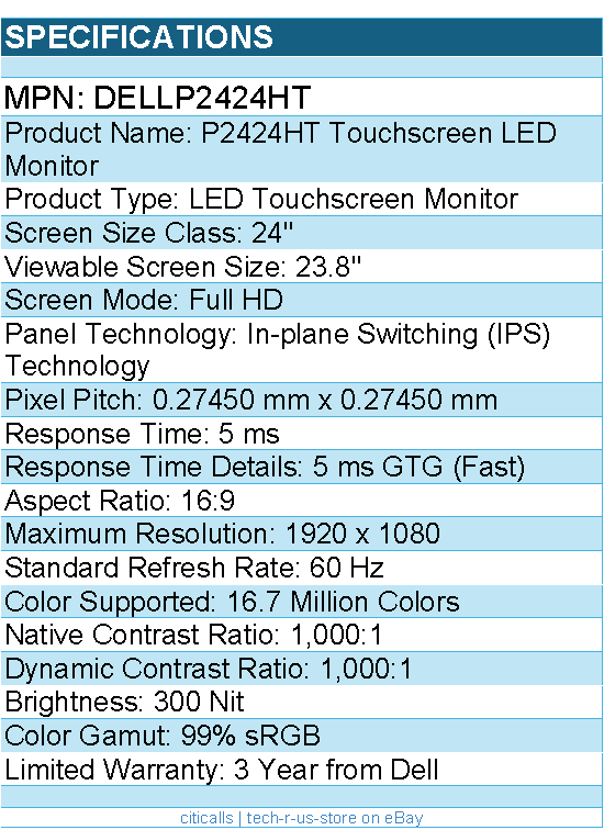 Dell DELLP2424HT P2424HT 24" Class LED Touchscreen Monitor - 16:9 - 5 ms