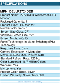 Dell DELLP2724DEB 27" Class Webcam WQHD LED Monitor - 16:9 - Black, Silver