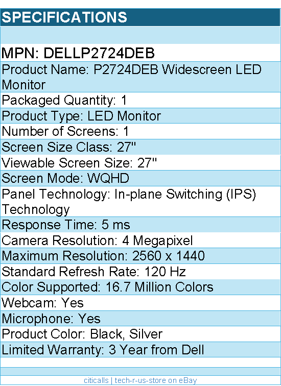 Dell DELLP2724DEB 27" Class Webcam WQHD LED Monitor - 16:9 - Black, Silver