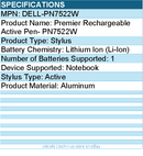 Dell DELL-PN7522W Premier Rechargeable Active Pen- PN7522W - Active - Aluminum