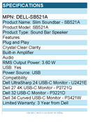 Dell Dell-SB521A SB521A Sound Bar Speaker - 3.60 W RMS - Plug and Play