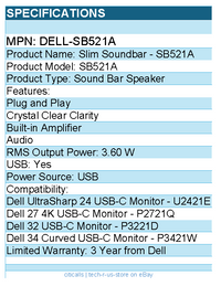 Dell Dell-SB521A SB521A Sound Bar Speaker - 3.60 W RMS - Plug and Play
