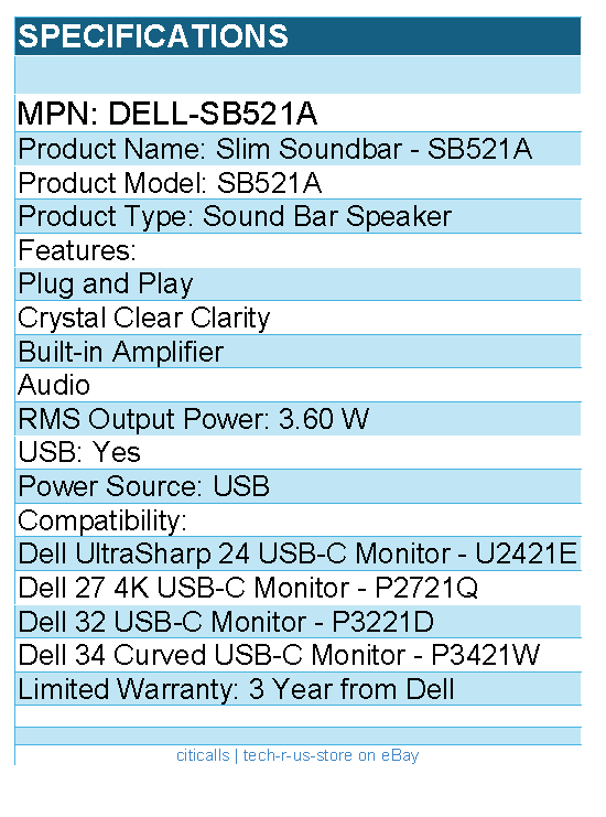Dell Dell-SB521A SB521A Sound Bar Speaker - 3.60 W RMS - Plug and Play